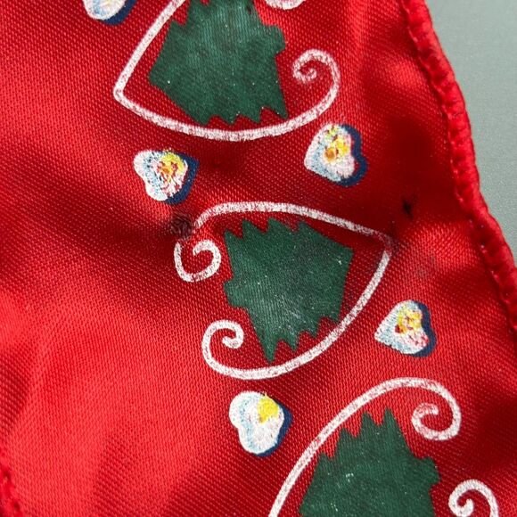 Vintage Wired Satin Christmas Ribbon 80s Folk Art Red Hearts Trees Print 5+ Yds - Picture 8 of 9